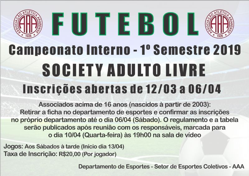 CAMPEONATO INTERNO SOCIETY ADULTO LIVRE - 1º SEMESTRE 2019
