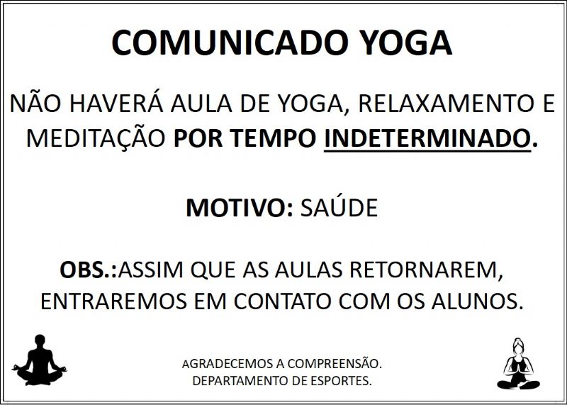 AULAS DE YOGA CANCELADAS POR TEMPO INDETERMINADO