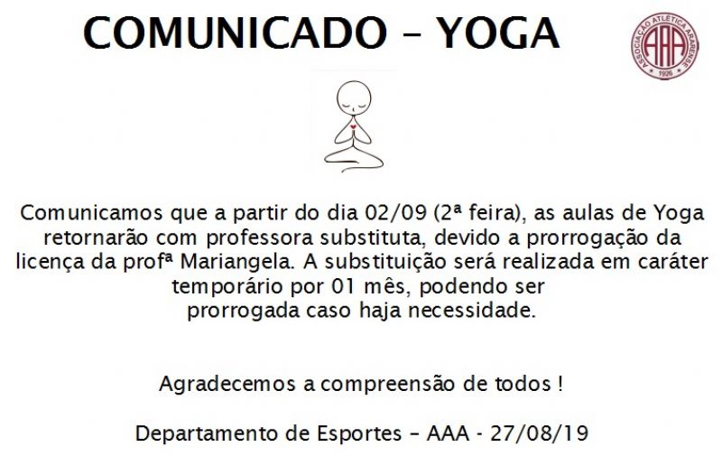 COMUNICADO RETORNO DAS AULAS DE YOGA 02.09