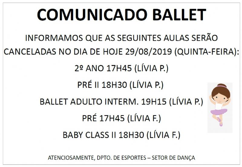 COMUNICADO BALLET - AULAS CANCELADAS 29.08.19