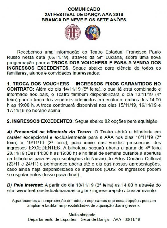 COMUNICADO XVI FESTIVAL DE DANÇA A.A.A. 2019