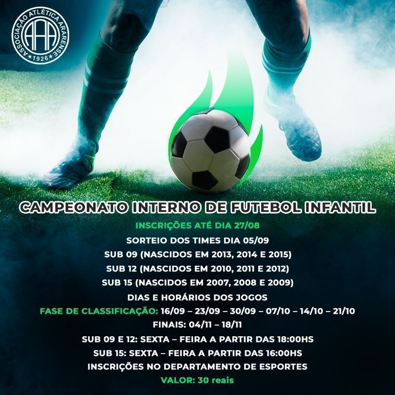 Campeonato interno infantil de futebol, inscrições no departamento de esportes.